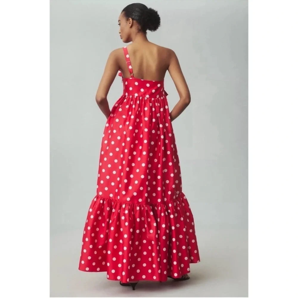 Anthropologie Atsu Sally Bow Polka Dot One Shoulder Midi Dress Red Medium NWT - Picture 3 of 12